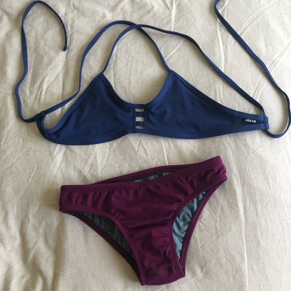 Jolyn bikini.  Colors are Blue top and burgundy/wine bottoms.  Size Small.